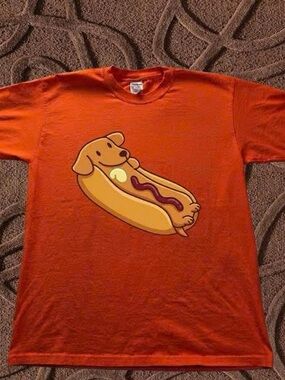 Gildan Orange Short Sleeve Tee with Hot Dog Dog Graphic